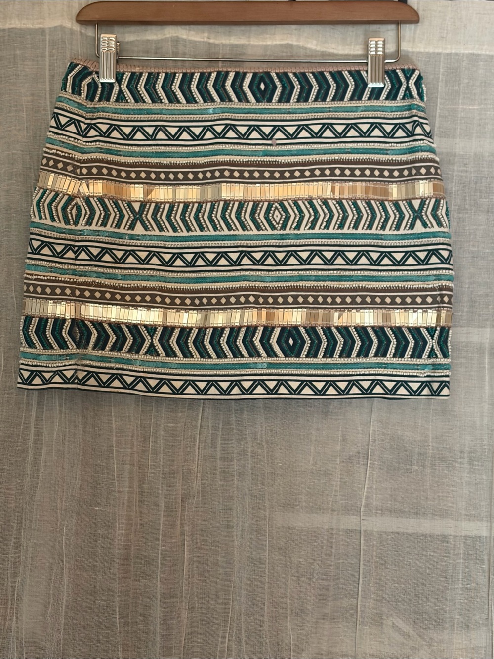 Embellished Geometric Mini Skirt - Teal & silver Small 26”